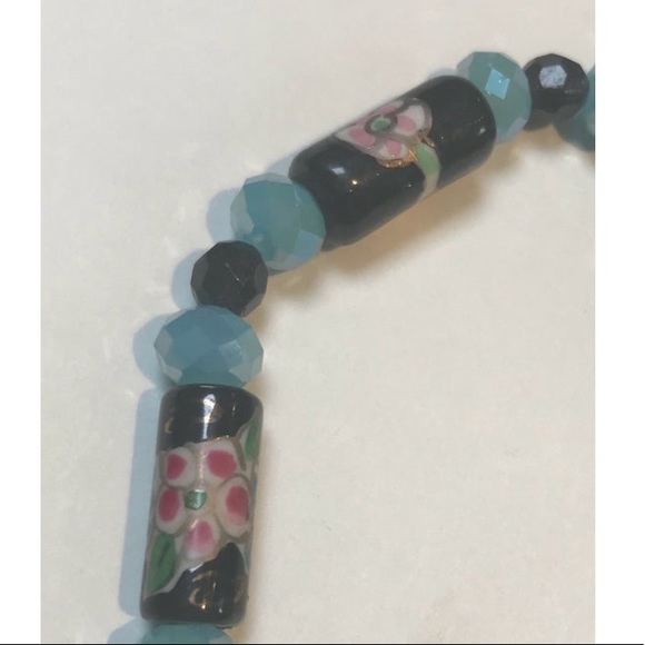 Ankle Bracelet, Handmade, Blue and Black, Floral - Picture 3 of 4
